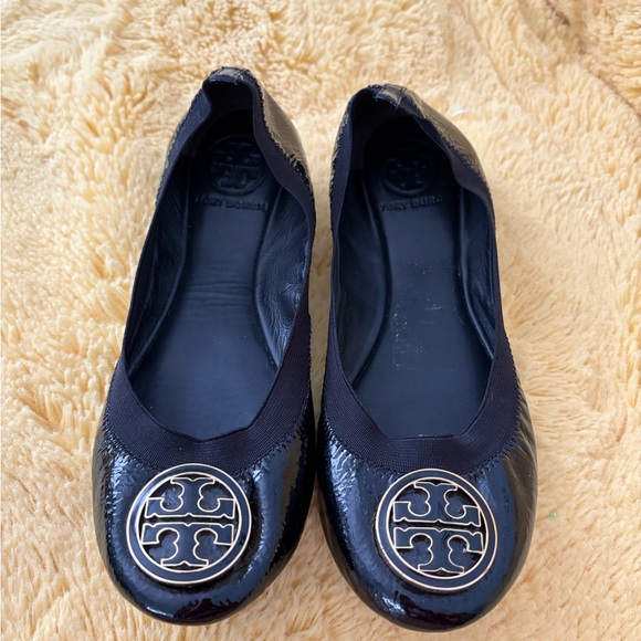 Tory Burch Shoes - Tory Burch Glossy Black Flats with Silver Logo